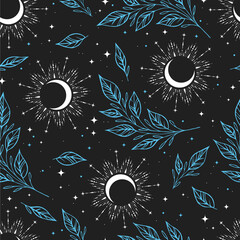 Magic seamless vector pattern with plants, stars, crescent. Boho pattern for astrology, textiles, wrapping paper, design.