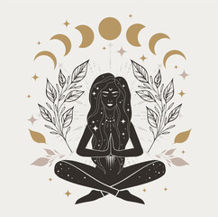 Boho sacred magic woman. Astrology symbol flat healing meditation. New age concept modern. Abstract silhouette