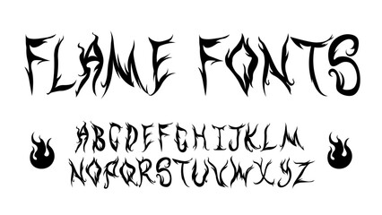 Y2K fire font. Liquid alphabet, flame black letters. typeface vector set 2000s style. Vecto 90s, 00s aesthetic trendy emo goth EPS