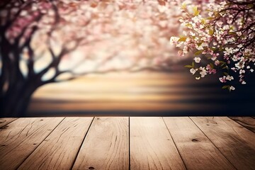 Naklejka na ściany i meble Wooden table mockup template with blossom spring blurred on the background
