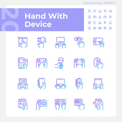 Hands with devices pixel perfect gradient linear vector icons set. User with gadgets. Digital technology. Thin line contour symbol designs bundle. Isolated outline illustrations collection