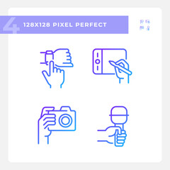 Hands with different devices pixel perfect gradient linear vector icons set. Digital technology. Gadget purposes. Thin line contour symbol designs bundle. Isolated outline illustrations collection