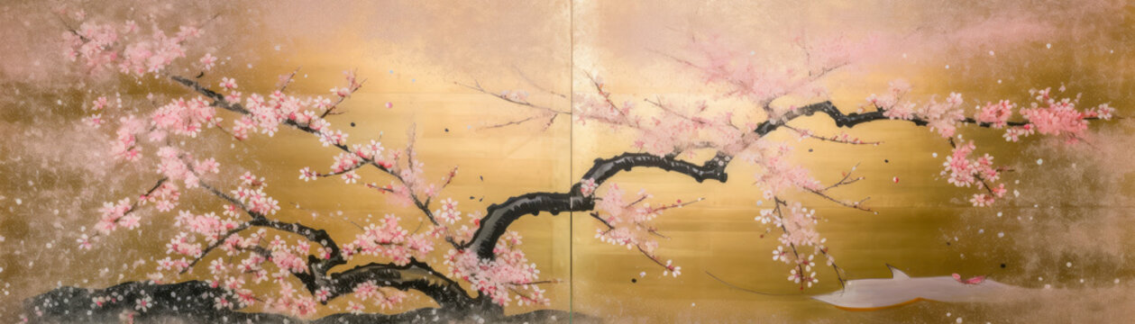 Cherry blossoms in Japanese painting style. lacquer painting on gold foiled paper, byobu folding screen style. Ultra wide header size format. Generative AI based. 
