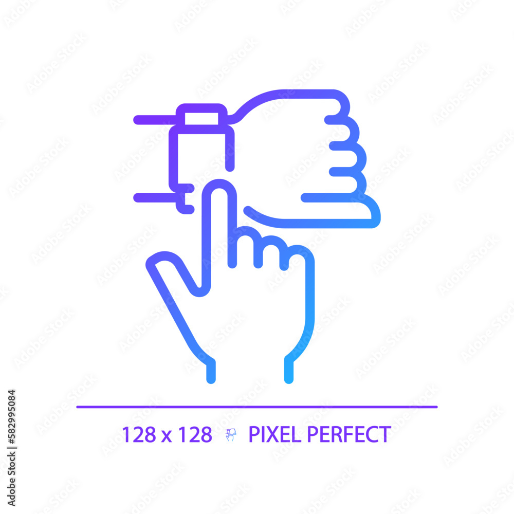 Poster hand with smart watch pixel perfect gradient linear vector icon. digital wristwatch with useful appl