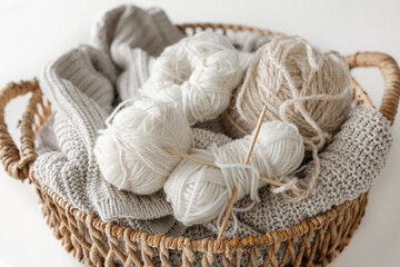 Fototapeta na wymiar Basket with yarn close-up, threads for knitting.