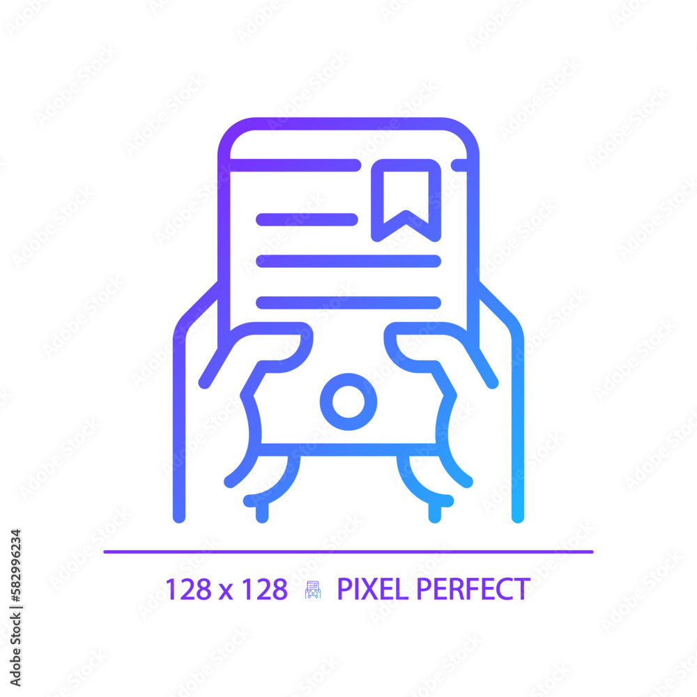 Poster hand with ebook pixel perfect gradient linear vector icon. reading via electronic device. access to 