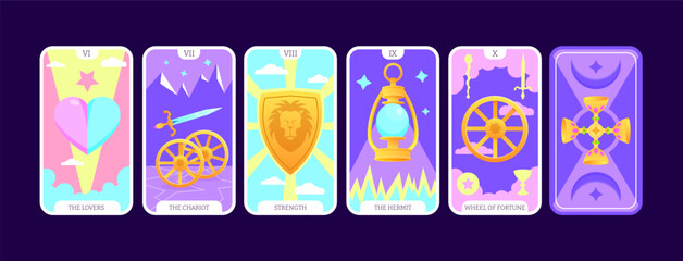 Tarot cards flat deck cartoon. Taro card major arcanas Include of lovers, chariot, strength, hermit, and wheel of fortune occult vector game set. Full pack with esoteric magic and astrology symbols