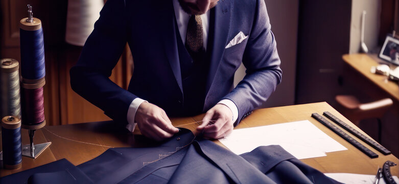 A Men's Suit Tailor, Making Adjustments To A New Suit. Well Dressed Gentleman, Of A Custom Tailored Suit Shop. Bespoke Formal Clothing. Generative AI. 