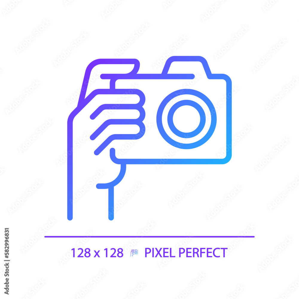 Poster hand with camera pixel perfect gradient linear vector icon. person taking shot with analog equipment