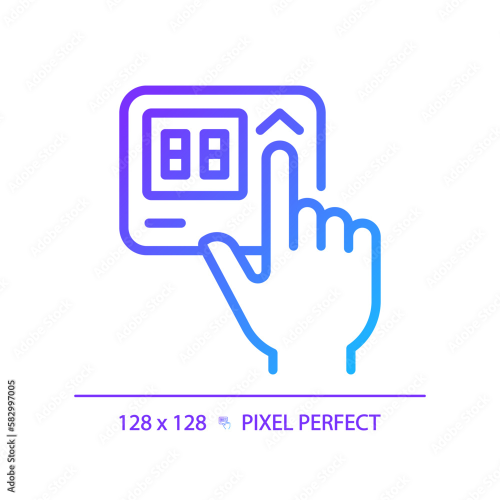 Poster hand with thermostat pixel perfect gradient linear vector icon. adjusting temperature on control pan
