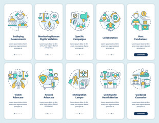 Forms and careers in advocacy onboarding mobile app screens set. Law walkthrough 5 steps editable graphic instructions with linear concepts. UI, UX, GUI template. Myriad Pro-Bold, Regular fonts used