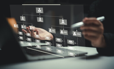 Organization chart with hierarchy structure of teams and employees in company. Business process and...