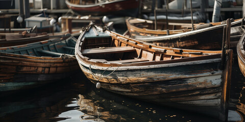 Fototapeta na wymiar Small wooden boats in marina next to piers, AI generative image