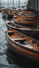 Fototapeta na wymiar Small wooden boats in marina next to piers, AI generative image