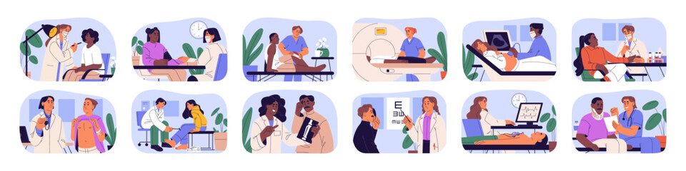 Doctors and patient in clinic set. Medical treatment and health care concept. People at diagnostic examinations, checkups, exams in hospital. Flat vector illustrations isolated on white background