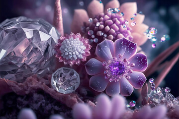 Obraz na płótnie Canvas Amethyst druze crystal flowers. Magic fantastic gemstone flowers. Generative AI illustration