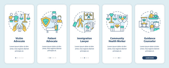 Careers in advocacy onboarding mobile app screen. Lawyer jobs walkthrough 5 steps editable graphic instructions with linear concepts. UI, UX, GUI template. Myriad Pro-Bold, Regular fonts used