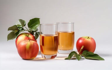 Two glasses of apple juice accompanied by whole apples and leaves, creating a refreshing and natural look.