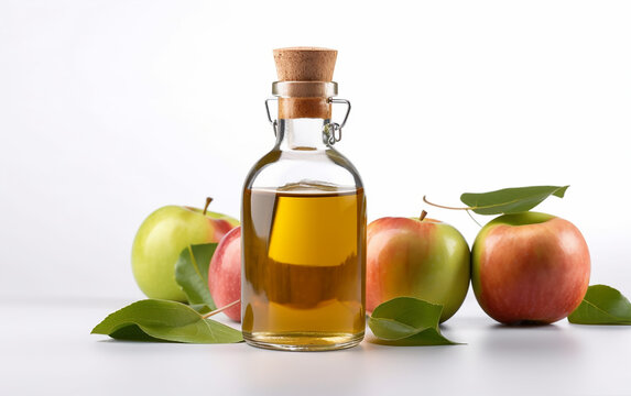 A clear glass bottle filled with apple cider vinegar, flanked by fresh red and green apples on a pristine white background.