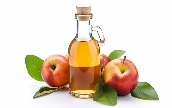 Fresh apple cider in a glass bottle surrounded by ripe apples with vibrant green leaves on a white backdrop.