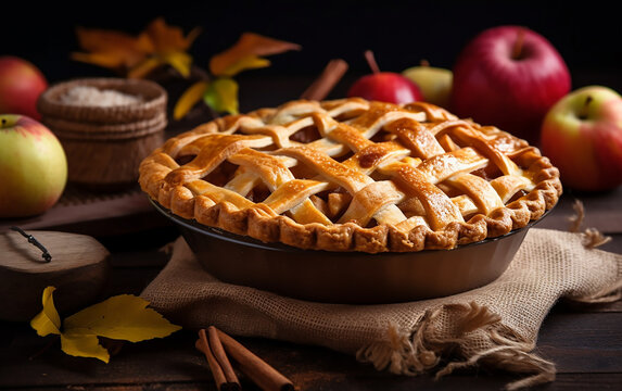 Classic apple pie. Homemade apple pie with an intricate lattice crust on a wooden table, surrounded by autumnal decorations.