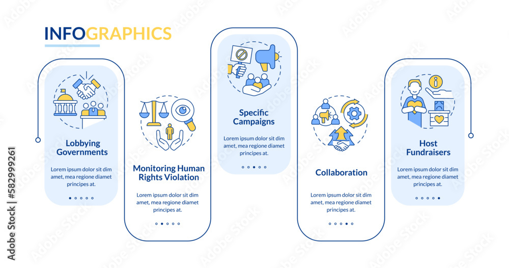 Poster forms of advocacy rectangle infographic template. legal support. data visualization with 5 steps. ed