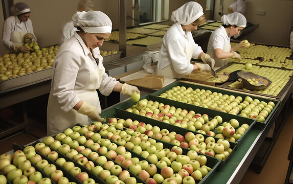 Several workers arranging and inspecting apples on a conveyor, ensuring quality for market.