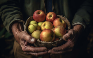 Close-up of a person holding a bowl filled with fresh multicolored apples, emphasizing the textures.