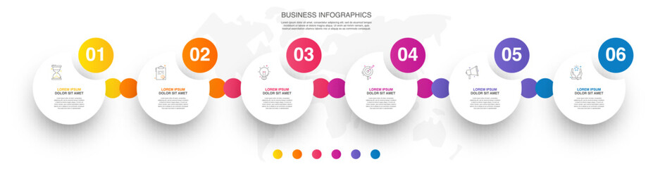 Vector timeline infographics template with six circles and options. Blank space for web, infographic, diagram, business, digital network, flowchart, presentations
