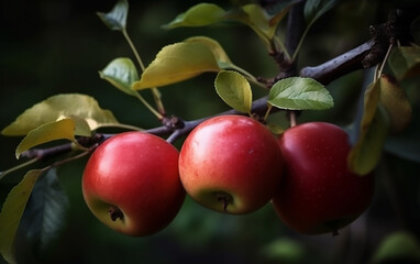 Obraz premium An apple orchard with fruit trees. A branch holding a natural apple against a blurred backdrop of the apple garden during the golden hour at sunset or sunrise. Organic, vitamin-rich.