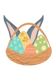 easter basket with easter eggs and bunny hiding behind it