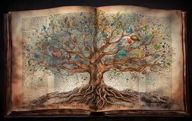 Artistic illustration of a tree inside an open book with colorful details, emphasizing creativity and imagination in literature.