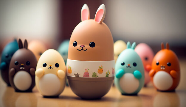 Kawaii easter bunny and easter eggs created with Generative AI
