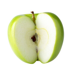 Green apple with green leaf and cut slice with seed isolated on a transparent background.