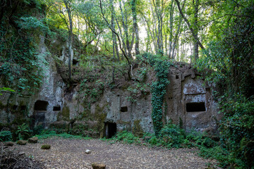 Ancient Etruscan necropolis of San Guilano amidst trees in Lazio, Italy