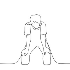 man stands in a half crouch resting his palms on hips - one line drawing vector. fatigue concept, sit down to get a better look