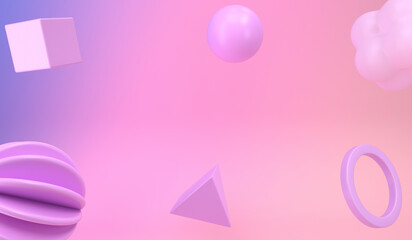 Three dimensional render of geometric shapes floating against pink background
