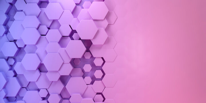 Three dimensional render of purple colored hexagons