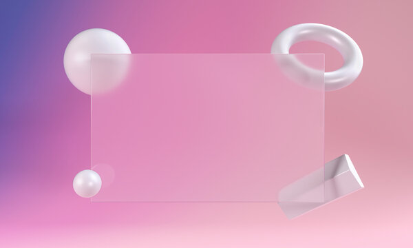 Three dimensional render of geometric shapes floating against pink background