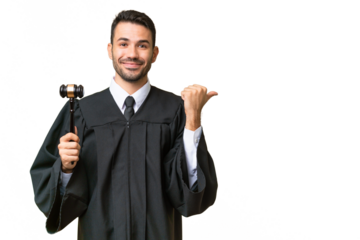 Judge caucasian man over isolated background pointing to the side to present a product