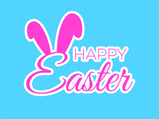 Happy Easter banner with text and bunny ears. Text and bunny ears with a white stroke on a blue background. Design for greeting card, banner and poster. Vector illustration