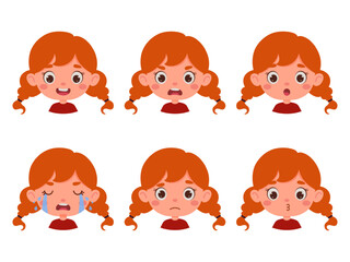 Cute cartoon little kid girl with red hair in various expressions and gesture. Cartoon child character showing different emotions. Vector illustration