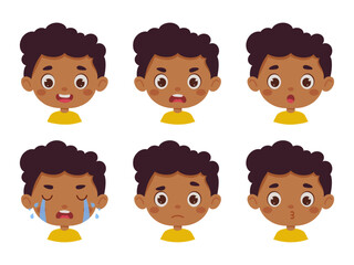 Cute cartoon little kid boy in various expressions and gesture. Cartoon child character showing different emotions. Vector illustration