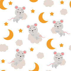 Cute little mouse sleeping on cloud seamless childish pattern. Funny cartoon animal character for fabric, wrapping, textile, wallpaper, apparel. Vector illustration