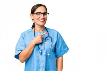 Middle-aged nurse woman over isolated background pointing to the side to present a product