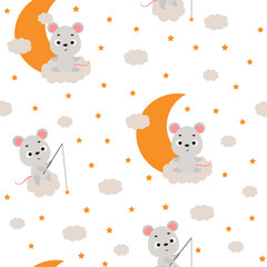 Cute little mouse sitting on cloud and fishing star seamless childish pattern. Funny cartoon animal character for fabric, wrapping, textile, wallpaper, apparel. Vector illustration