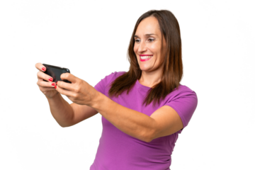 Middle-aged caucasian woman over isolated background playing with the mobile phone
