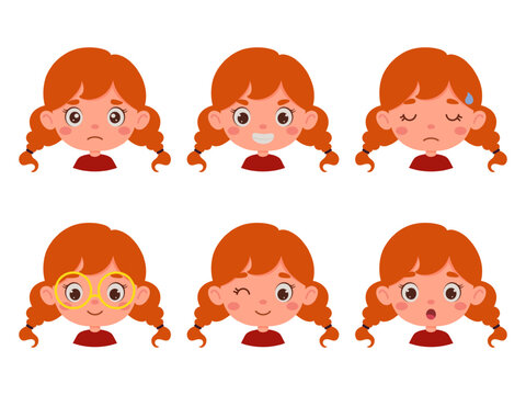 Cute cartoon little kid girl with red hair in various expressions and gesture. Cartoon child character showing different emotions. Vector illustration