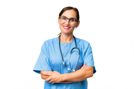 Middle-aged nurse woman over isolated background keeping the arms crossed in frontal position