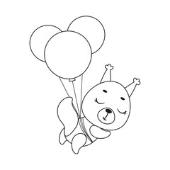 Coloring page cute little squirrel flying on balloons. Coloring book for kids. Educational activity for preschool years kids and toddlers with cute animal. Vector stock illustration